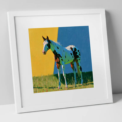 Spotted Horse in Vibrant Colours horse breed art print in white frame