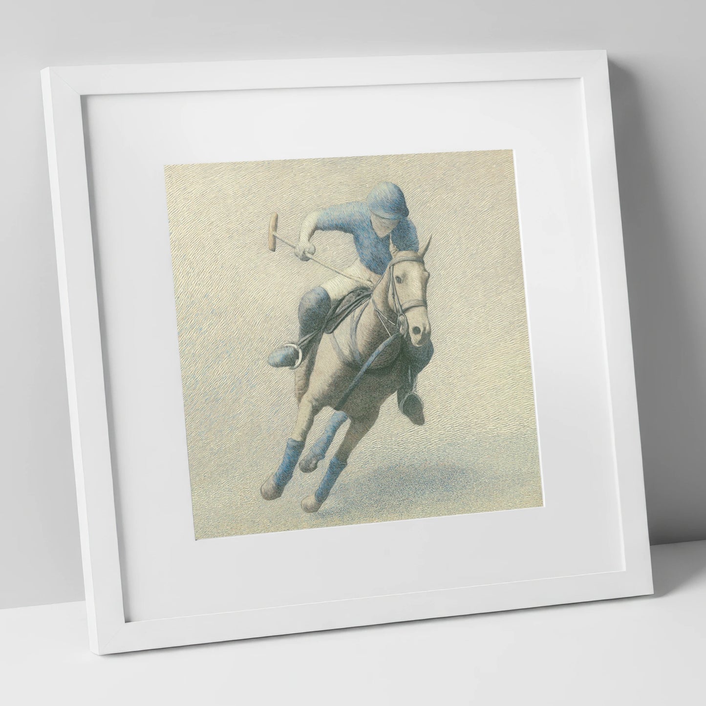 The Slate Blue Chukka polo horse art print in white frame