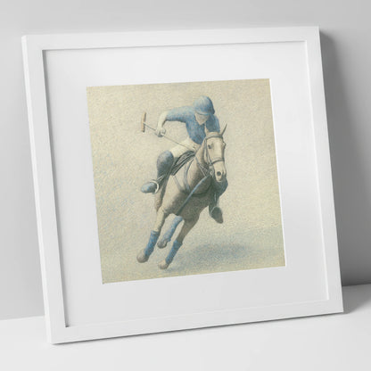 The Slate Blue Chukka polo horse art print in white frame