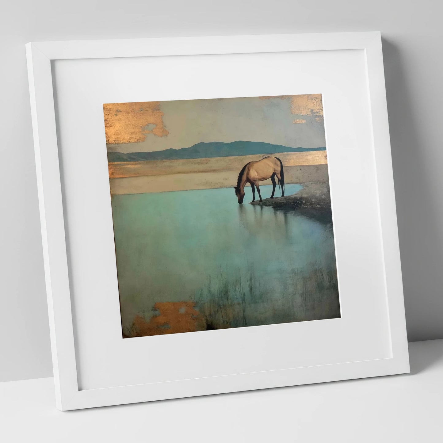 Gilded Solitude at Dusk horse landscape art print in white frame