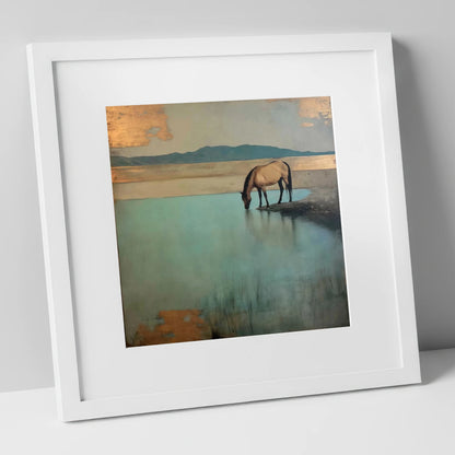 Gilded Solitude at Dusk horse landscape art print in white frame