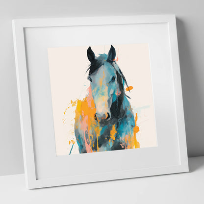 Teal and Amber Gaze horse portrait art print in white frame