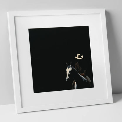Western Solitude western horse art print in white frame