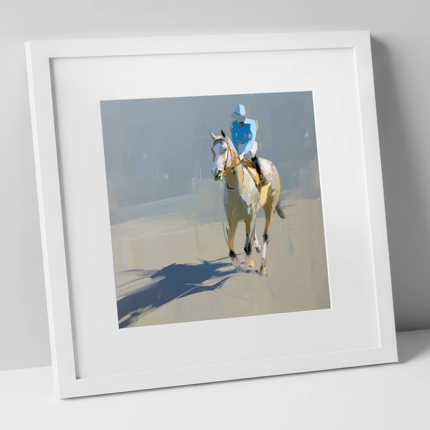 Sunlit Racing Grey racing horse art print in white frame