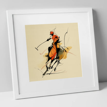 The Decisive Strike polo horse art print in white frame