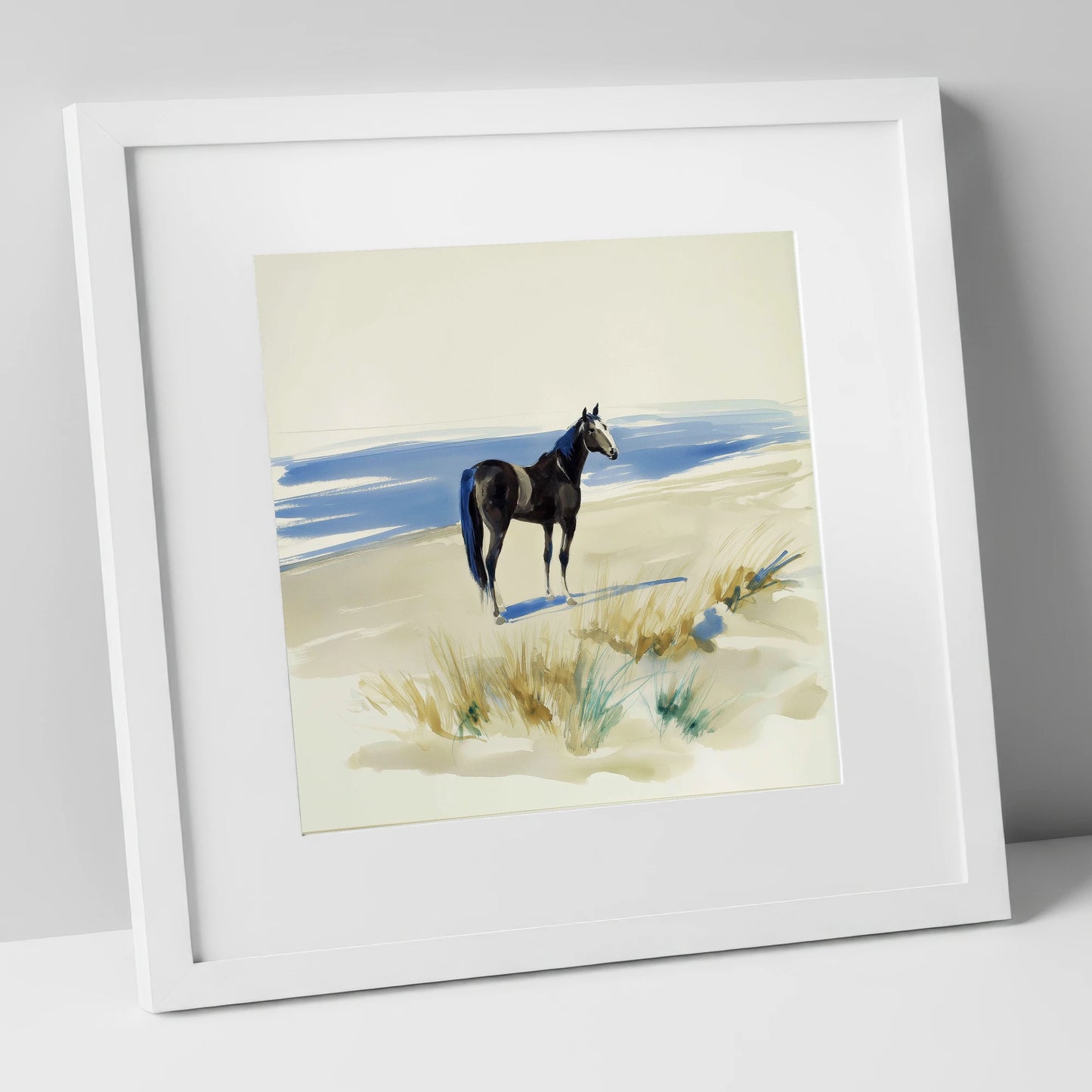 Coastal Silhouette horse landscape art print in white frame