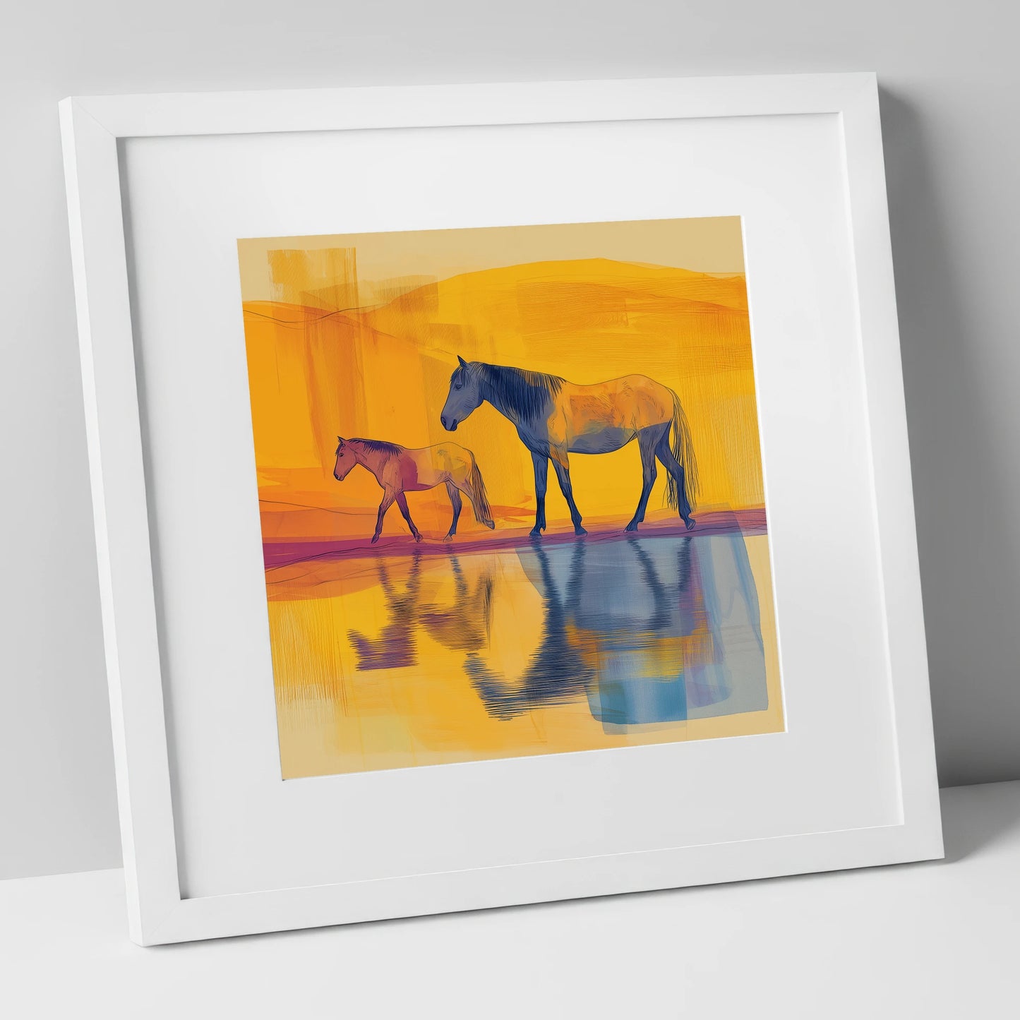 Golden Reflections horse landscape art print in white frame