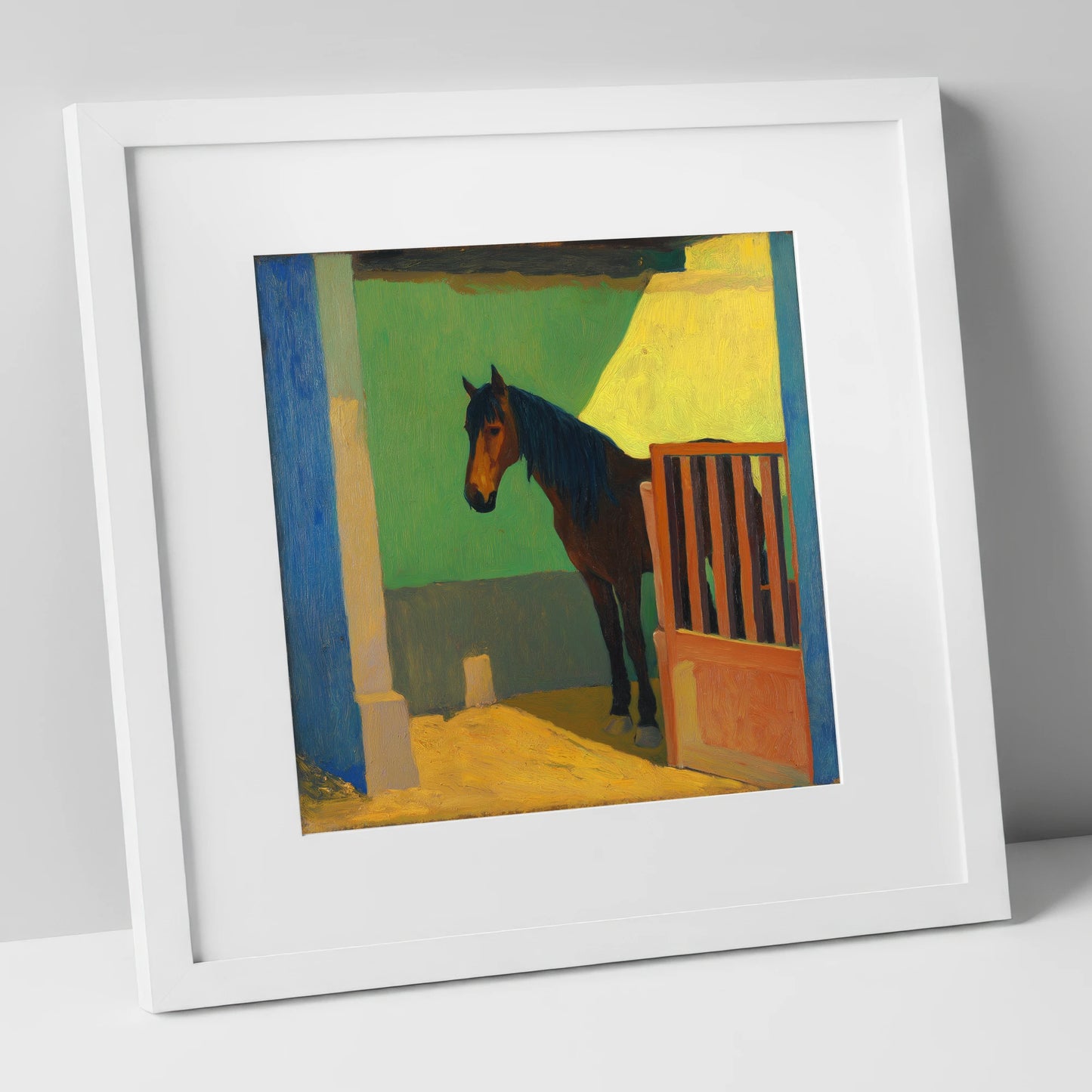 Vibrant Stable Light horse stable art print in white frame