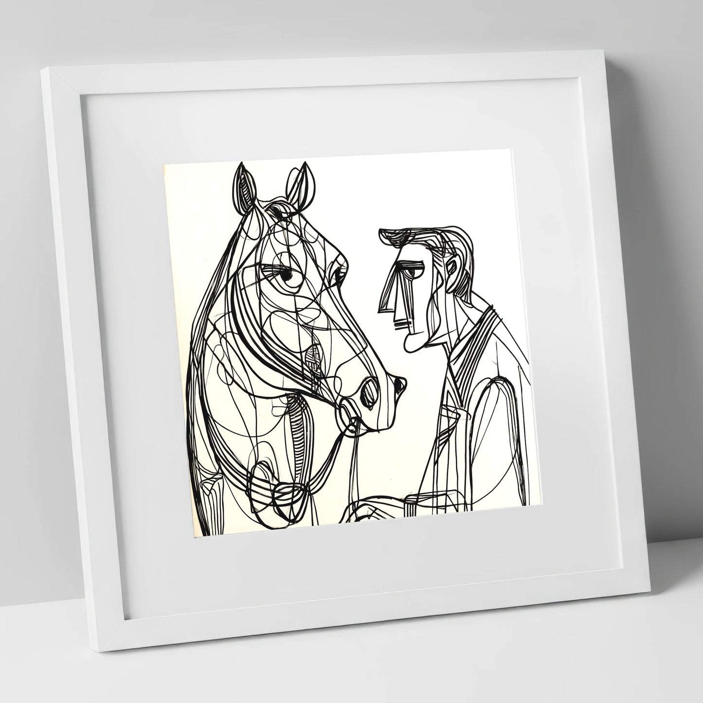 Modern Connection horse & rider art print in white frame