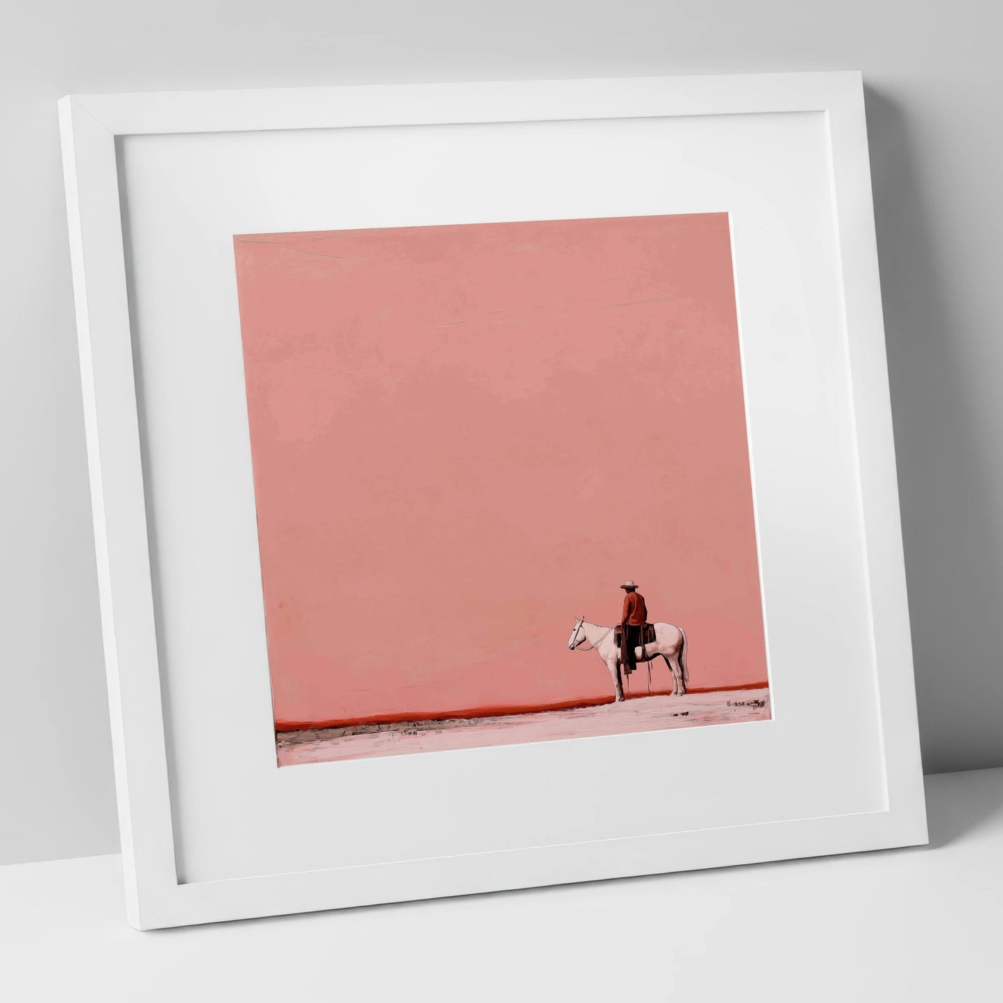 Dusty Rose Horizon western horse art print in white frame