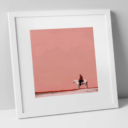 Dusty Rose Horizon western horse art print in white frame