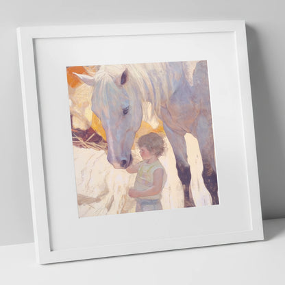 The First Touch horse & rider art print in white frame
