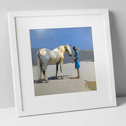 Sunlit Companion horse & rider art print in white frame