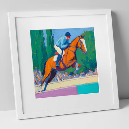 Bold Clear Round show jumping horse art print in white frame