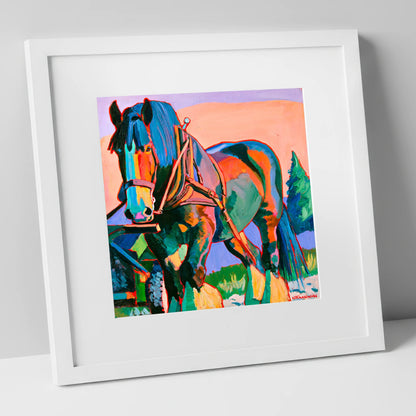 Vibrant Heavy Horse in Harness horse breed art print in white frame