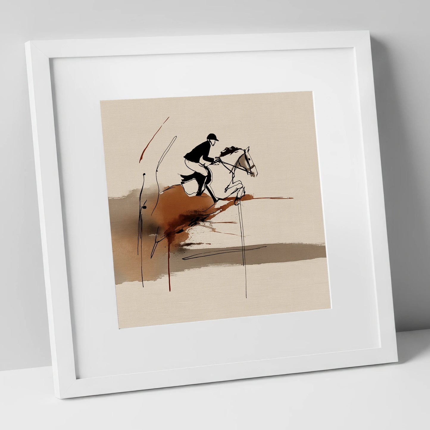 Dynamic Suspension show jumping horse art print in white frame