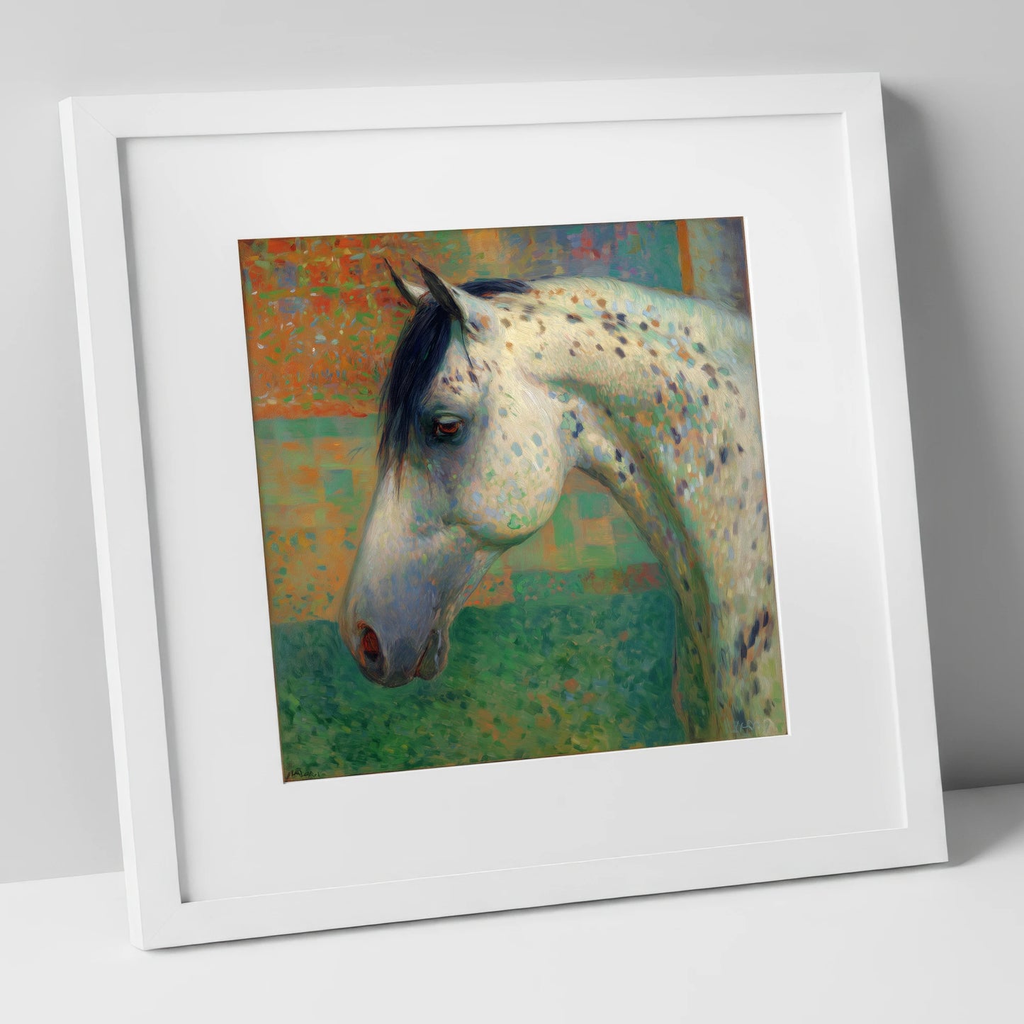 Vibrant Spotted Portrait horse breed art print in white frame