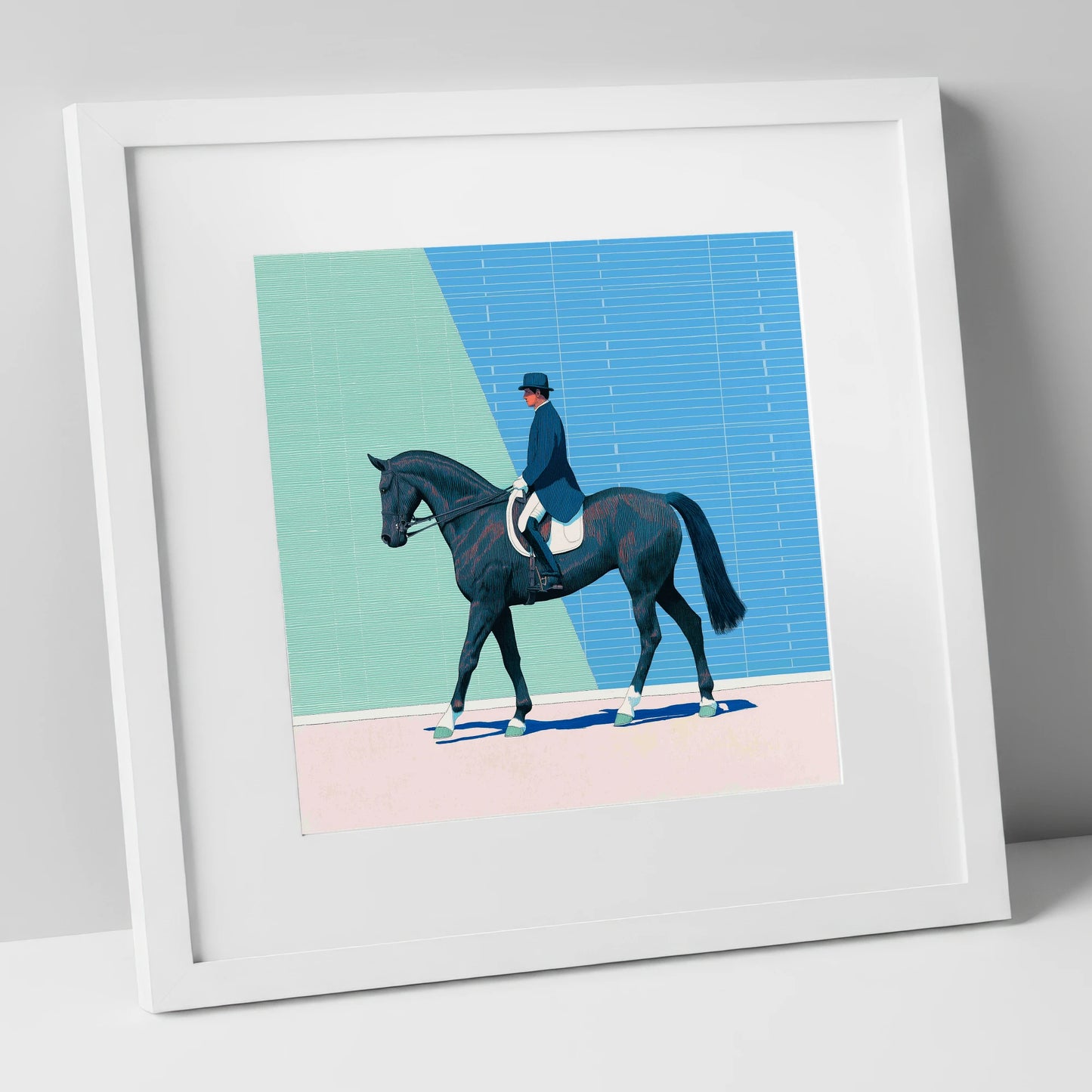 Rhythmic Precision dressage horse art print in white frame