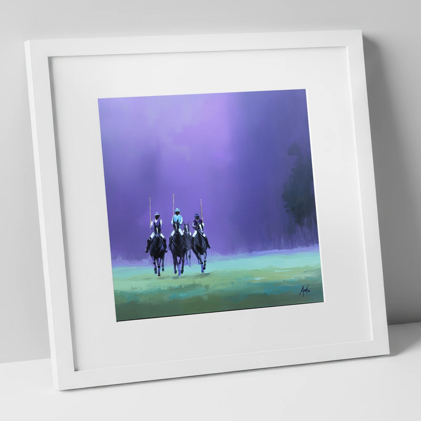 The Violet Charge polo horse art print in white frame