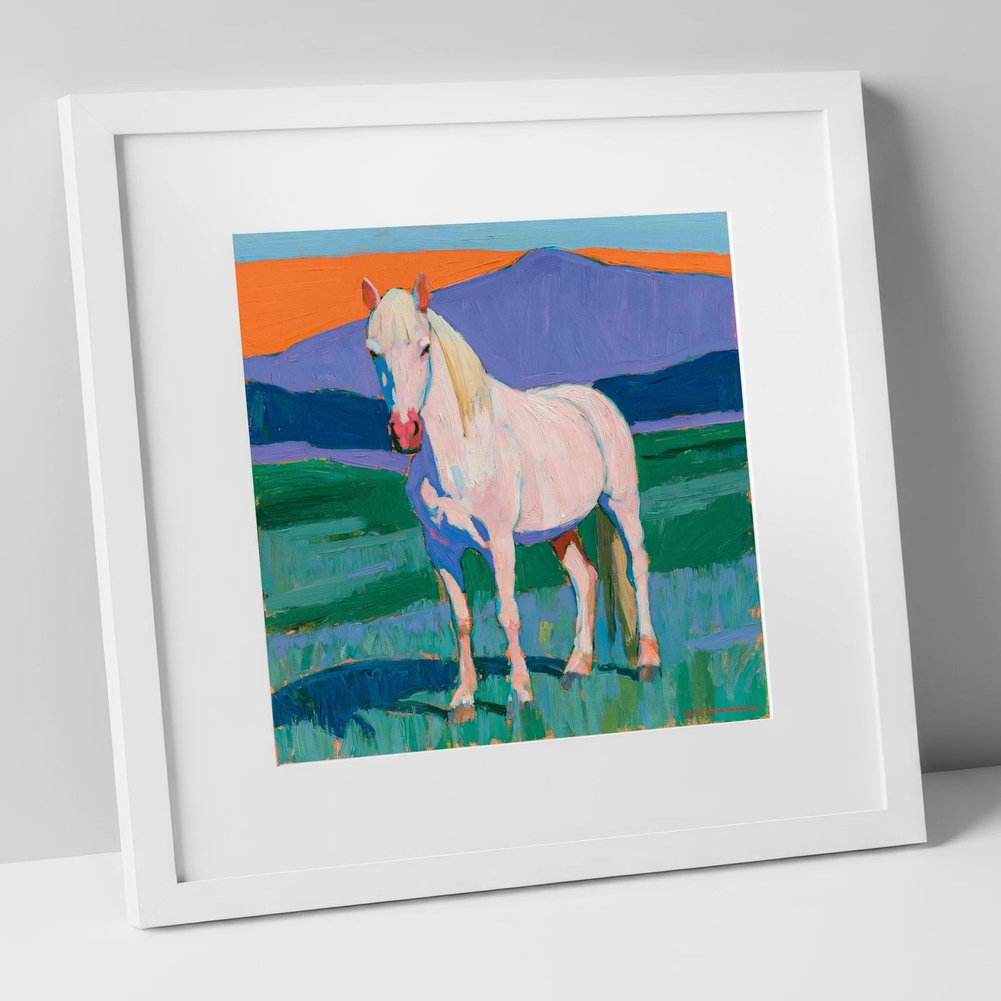 Grey Horse in Colourful Landscape horse breed art print in white frame