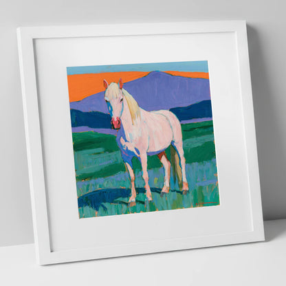 Grey Horse in Colourful Landscape horse breed art print in white frame