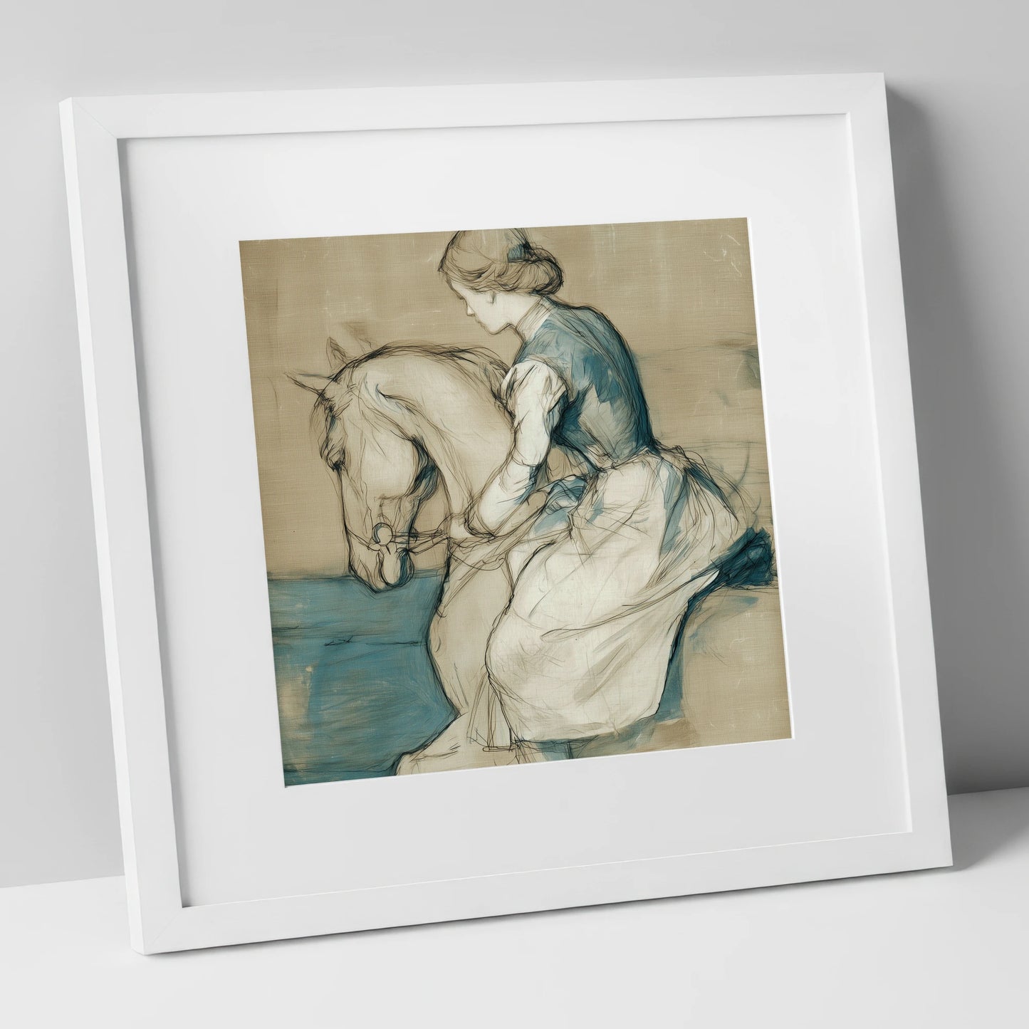 A Quiet Harmony horse & rider art print in white frame
