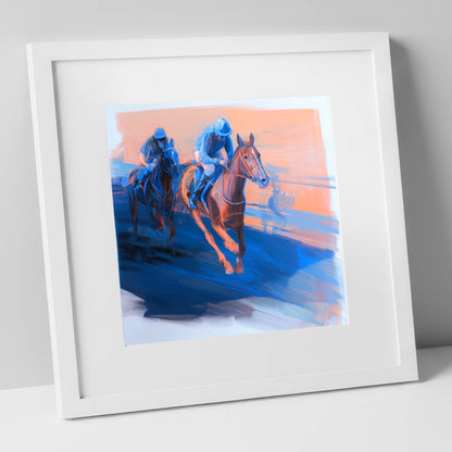 The Blue Furlong racing horse art print in white frame