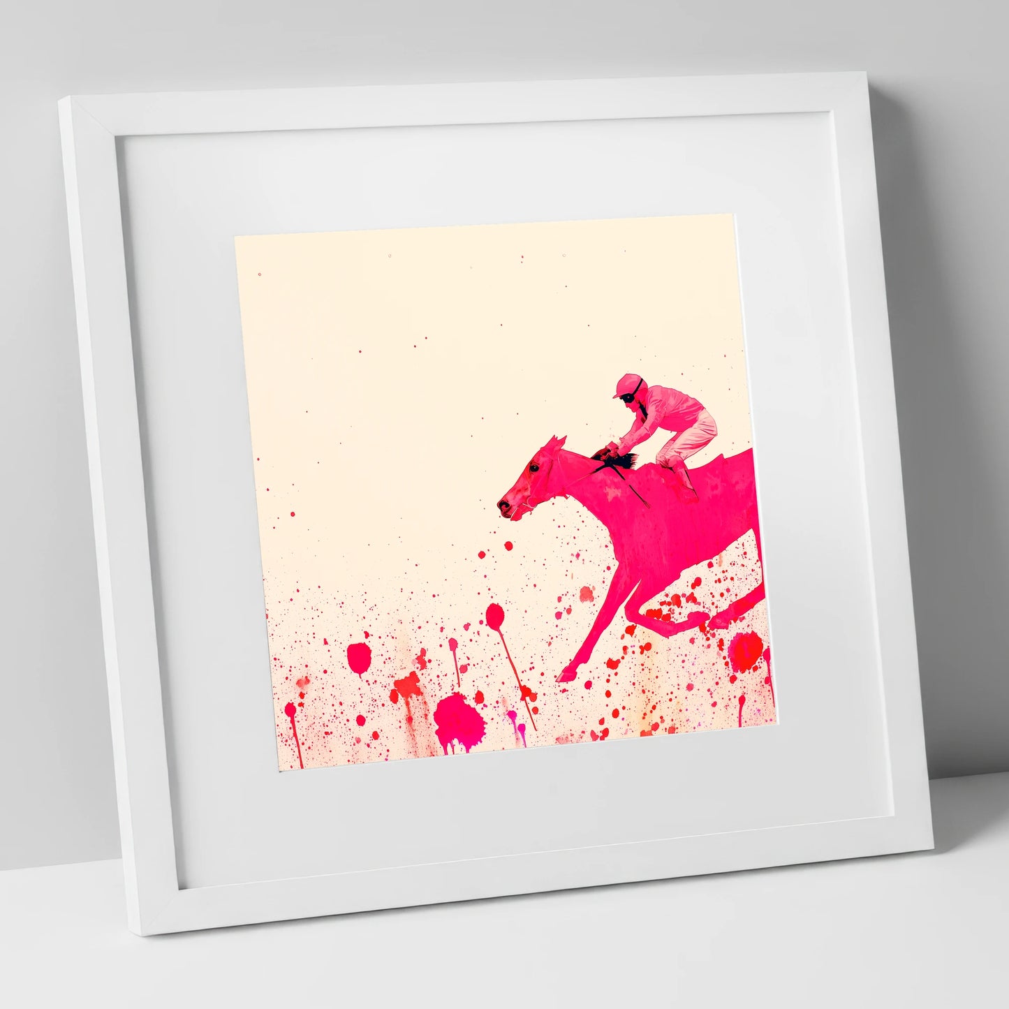 Velocity in Magenta racing horse art print in white frame