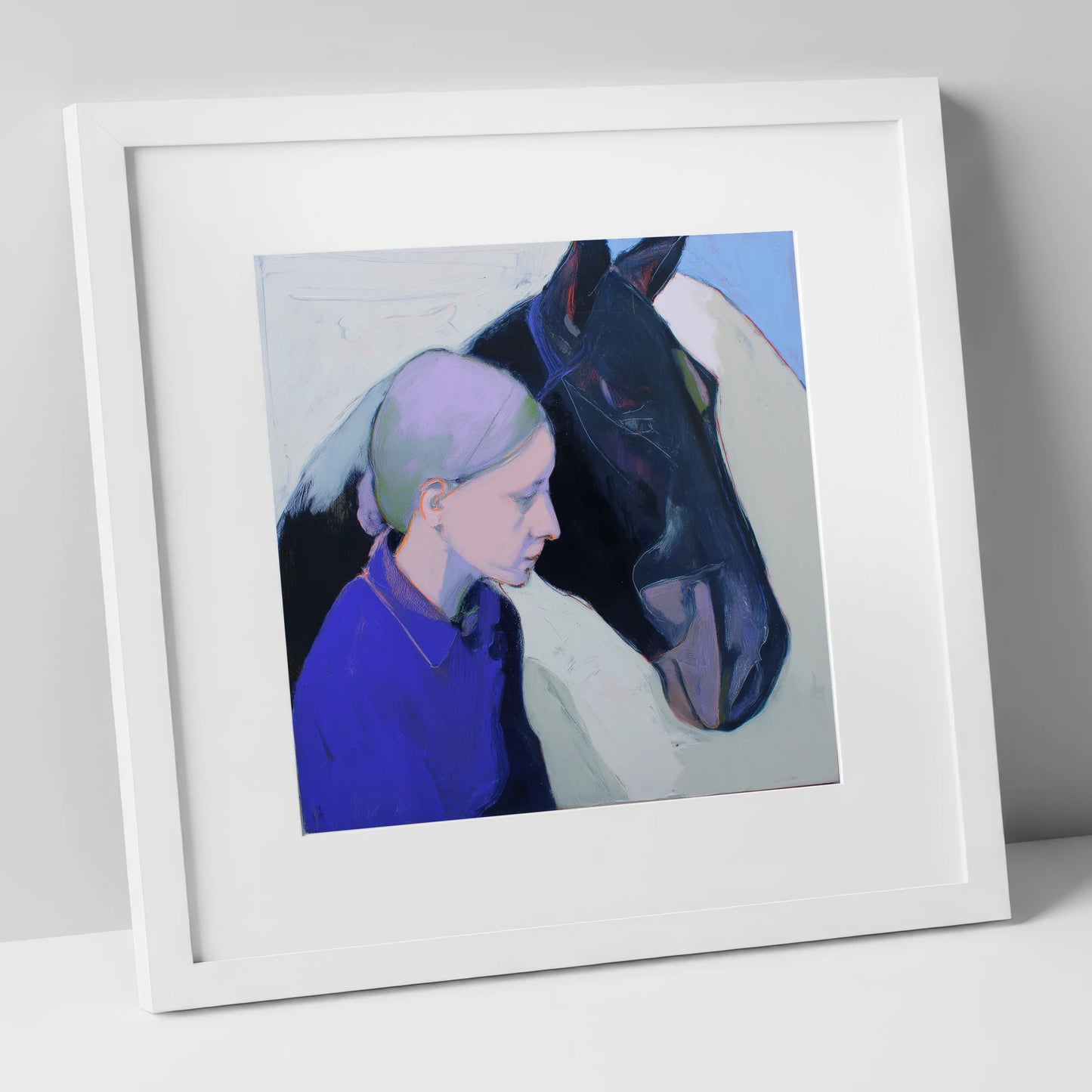 Silent Understanding horse & rider art print in white frame