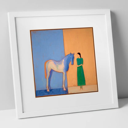 The Silent Bond horse & rider art print in white frame
