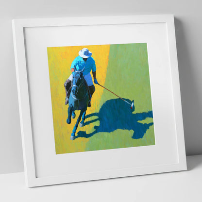 High Goal Sunlight polo horse art print in white frame