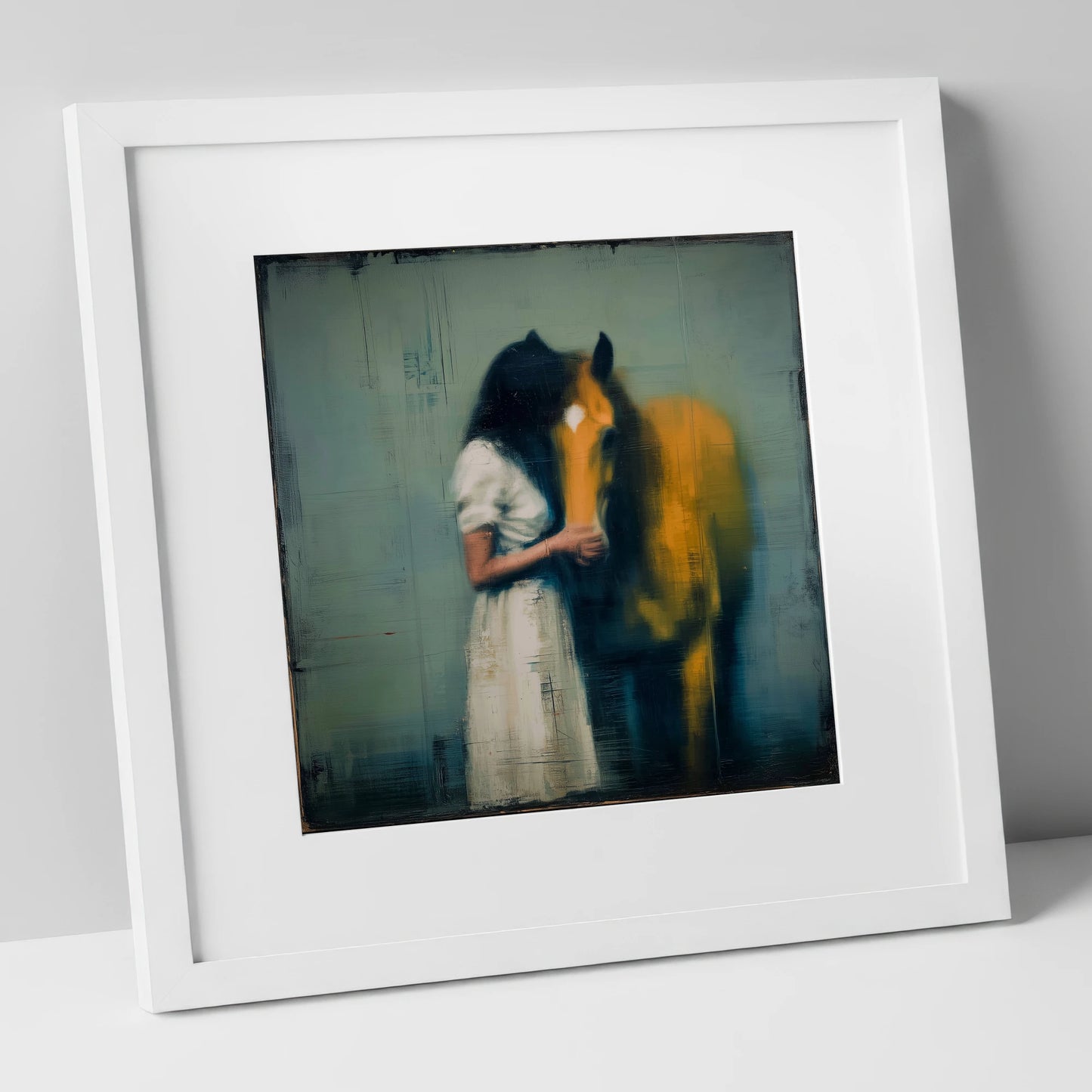Silent Devotion horse & rider art print in white frame