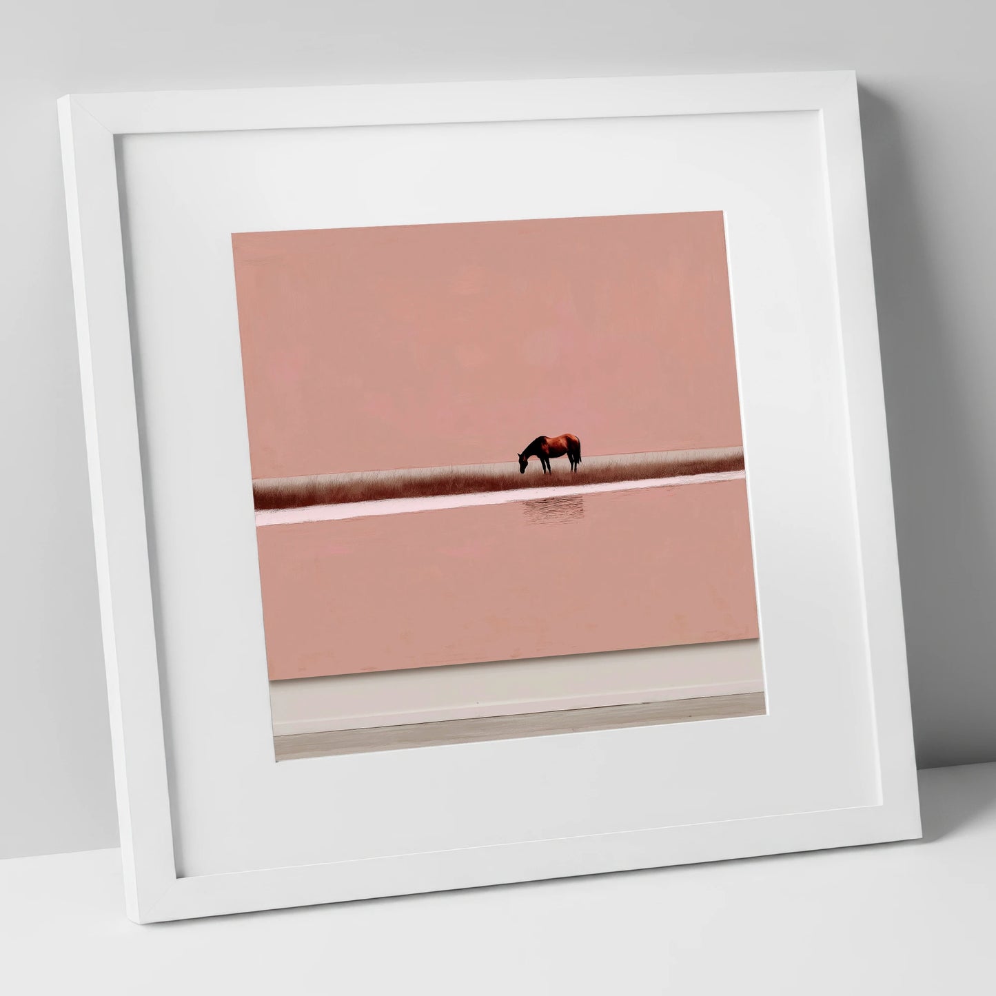 Dusky Rose Horizon horse landscape art print in white frame