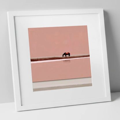 Dusky Rose Horizon horse landscape art print in white frame