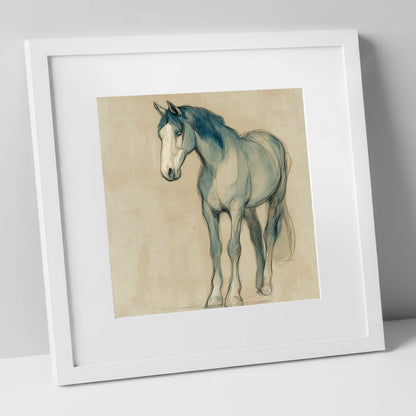 Azure Equine Sketch horse portrait art print in white frame