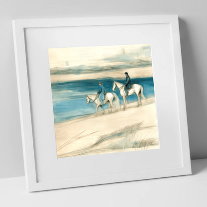 Tide Line Companions beach horse art print in white frame