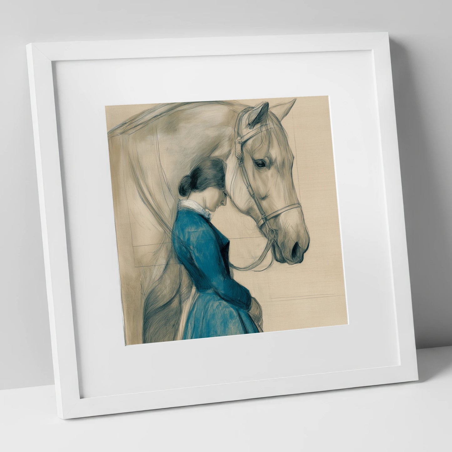 Solace in Stillness horse & rider art print in white frame