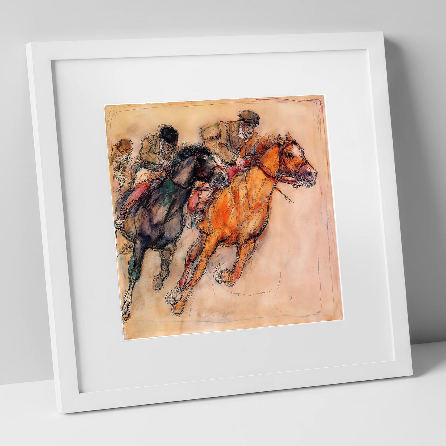 The Final Furlong racing horse art print in white frame
