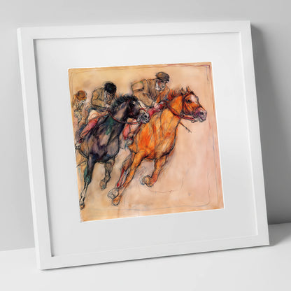 The Final Furlong racing horse art print in white frame