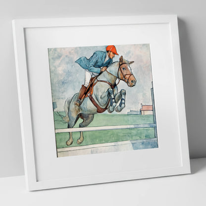 Clearing the White Rail show jumping horse art print in white frame