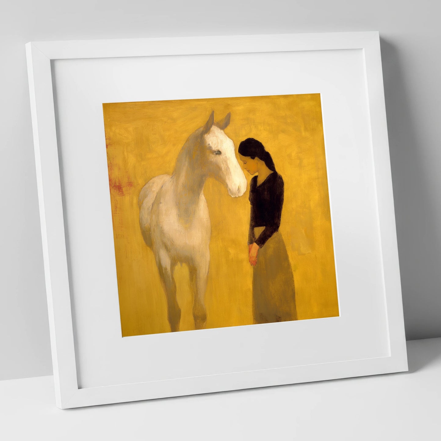 A Silent Understanding horse & rider art print in white frame