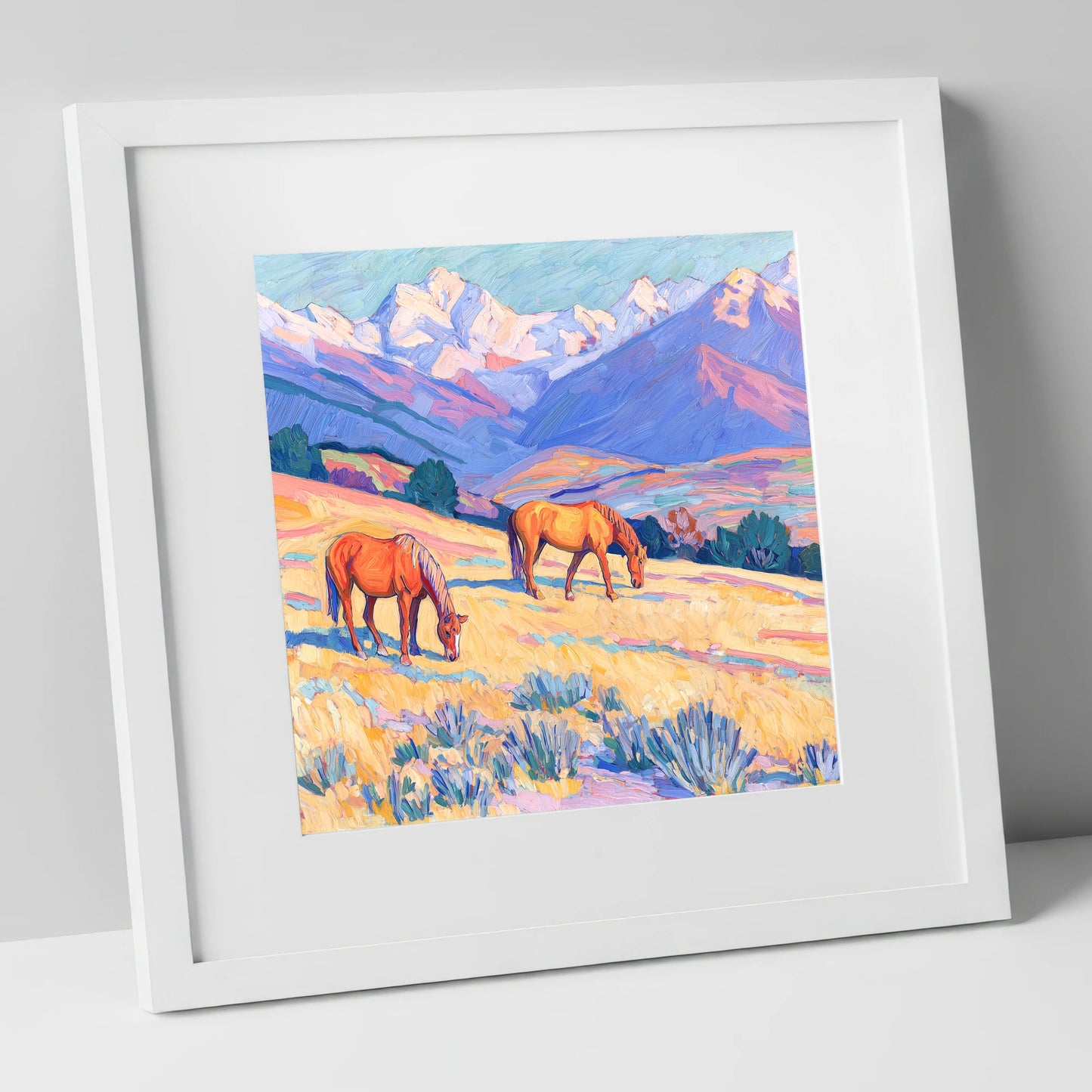 Grazing Beneath Violet Peaks horse landscape art print in white frame