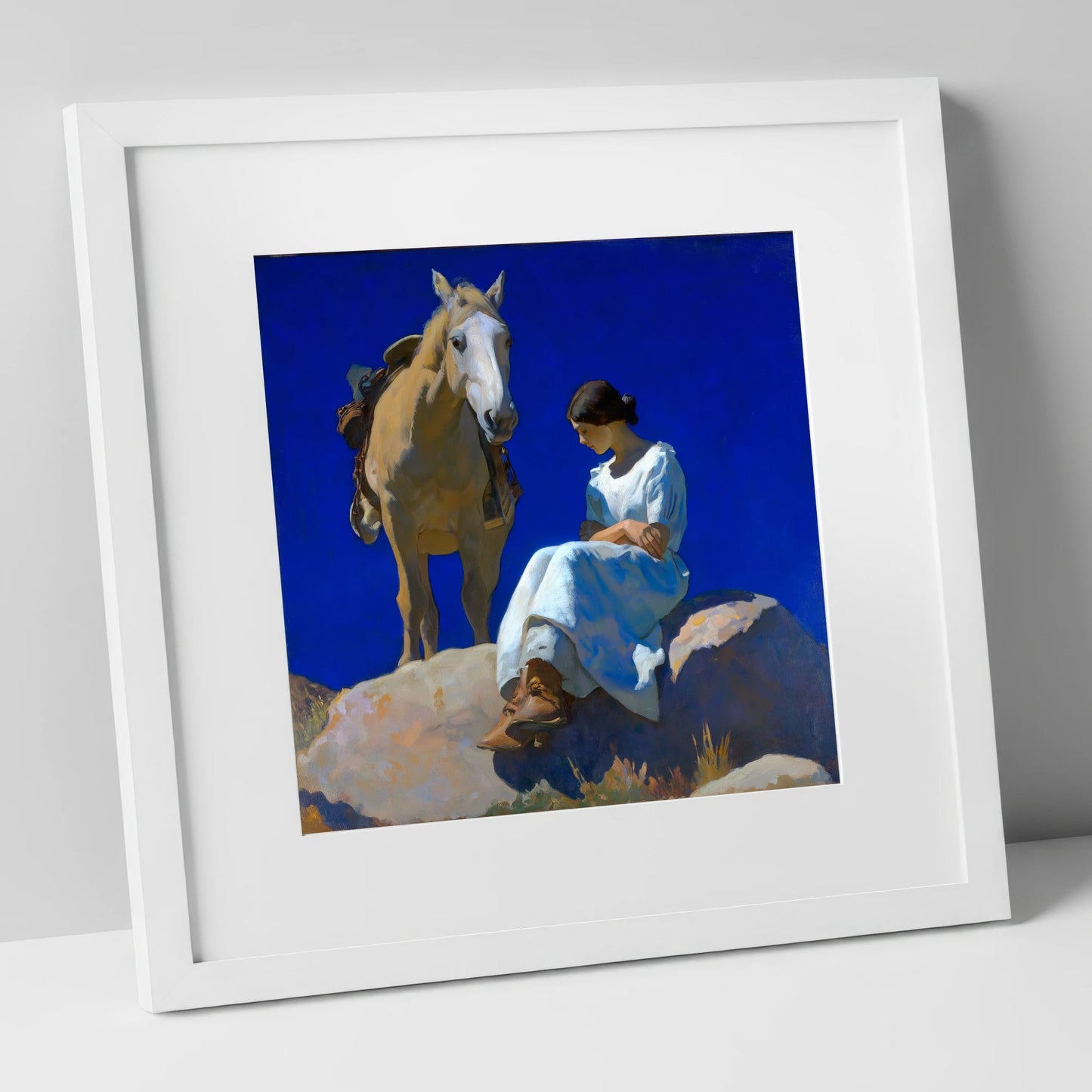 Beneath Azure Skies horse & rider art print in white frame