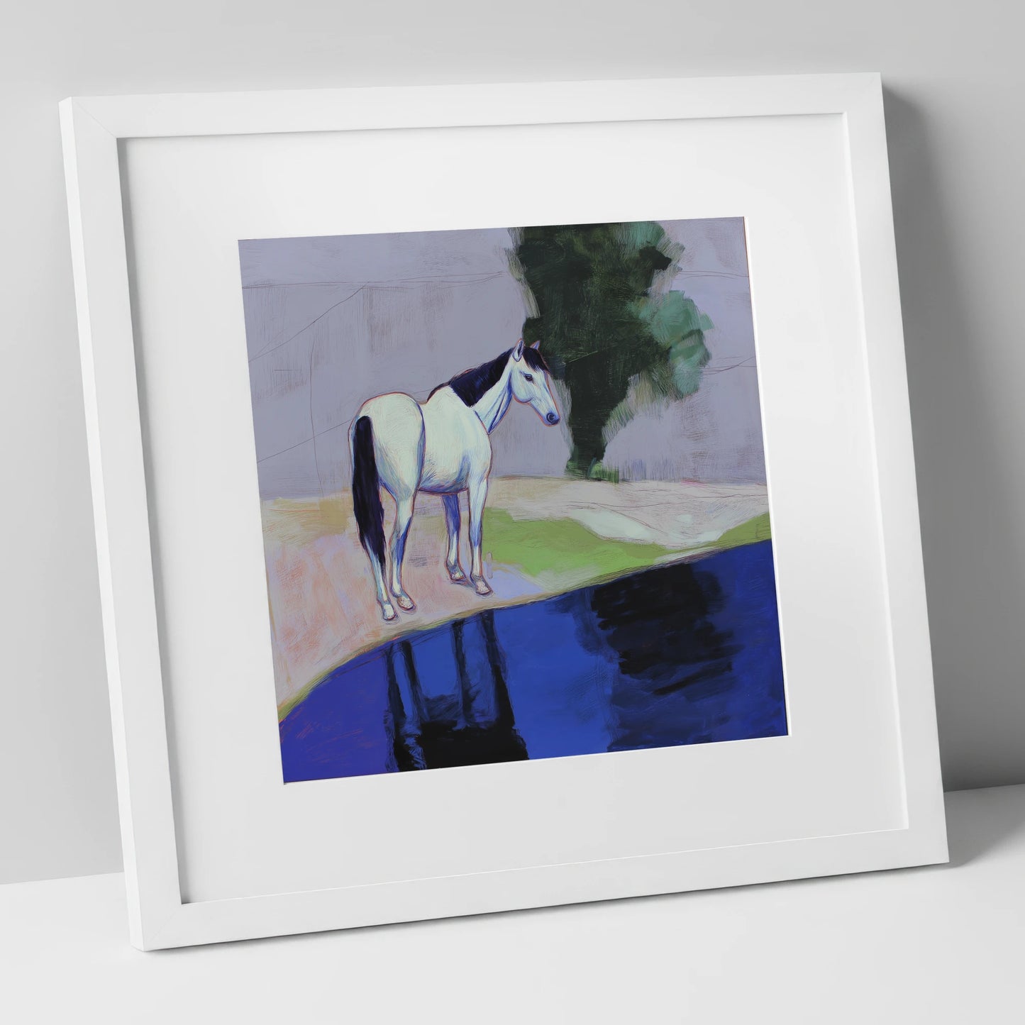 Indigo Reflections horse landscape art print in white frame