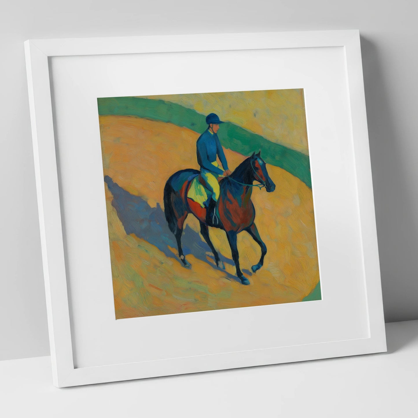 Shadows on the Golden Track racing horse art print in white frame