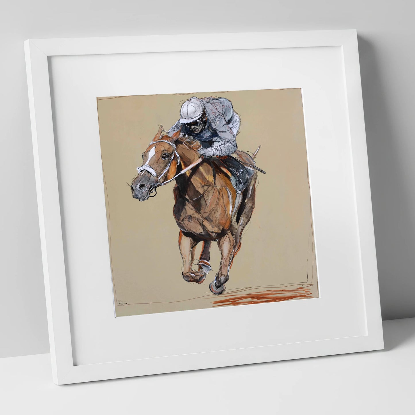 Driving Finish racing horse art print in white frame