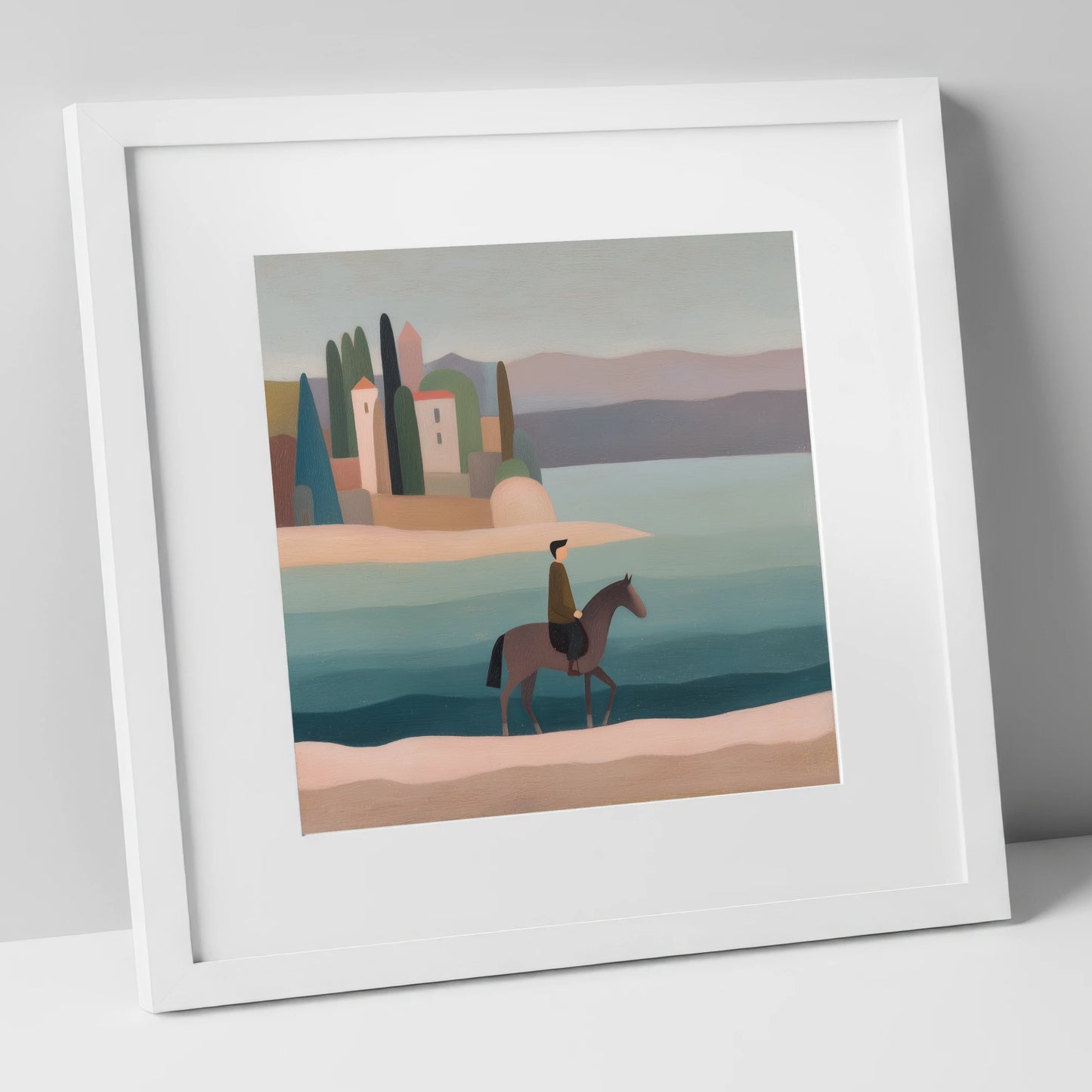 The Painted Shore beach horse art print in white frame