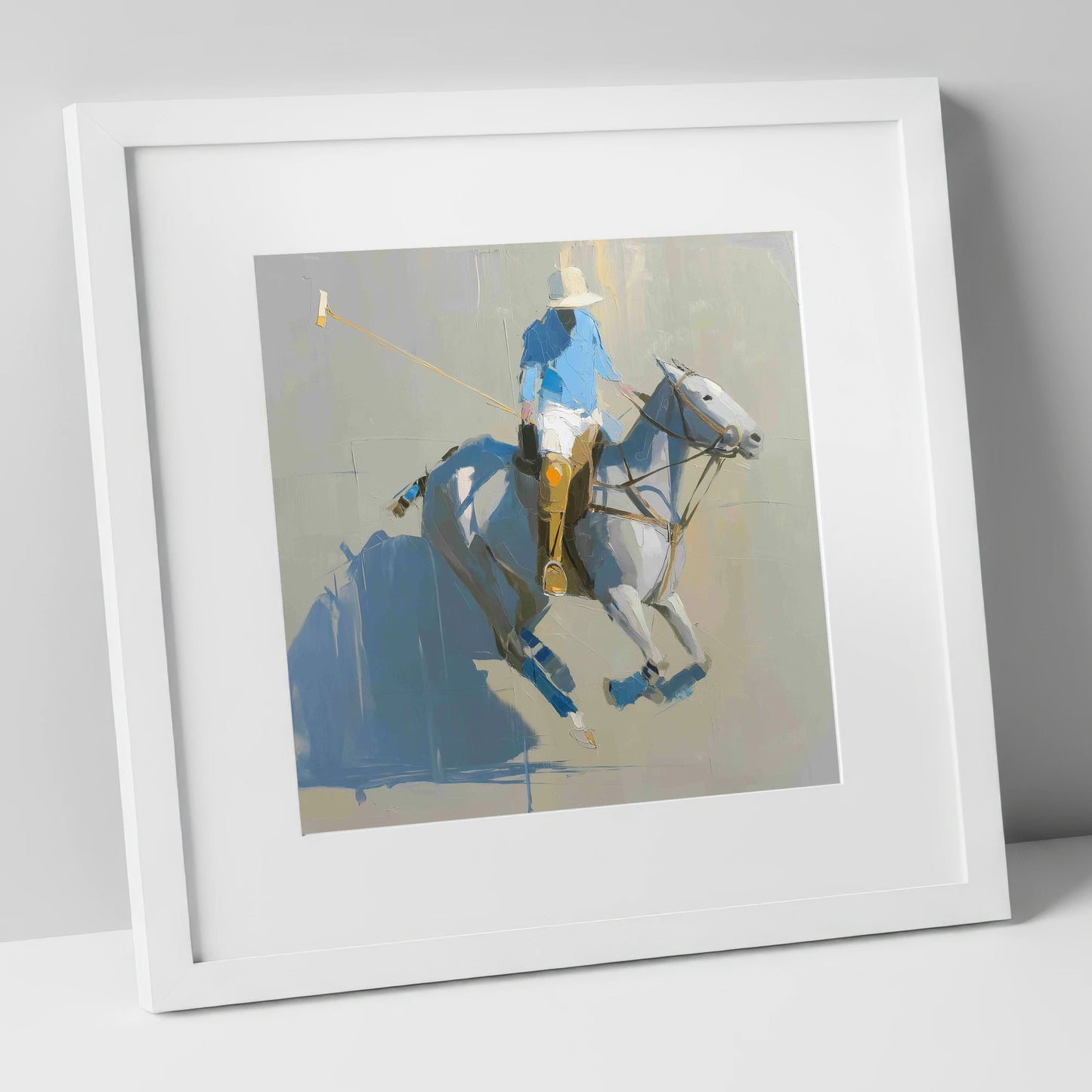 Slate Blue Chukka polo horse art print in white frame