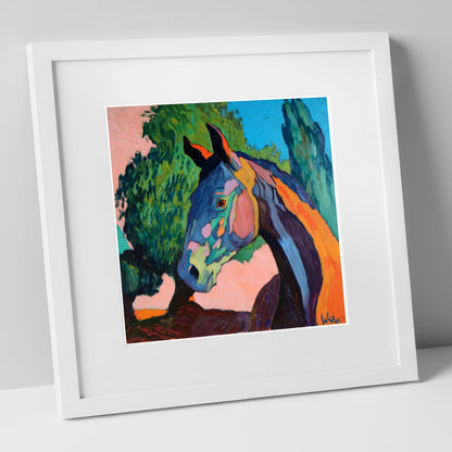 Vibrant Equine Expression horse portrait art print in white frame