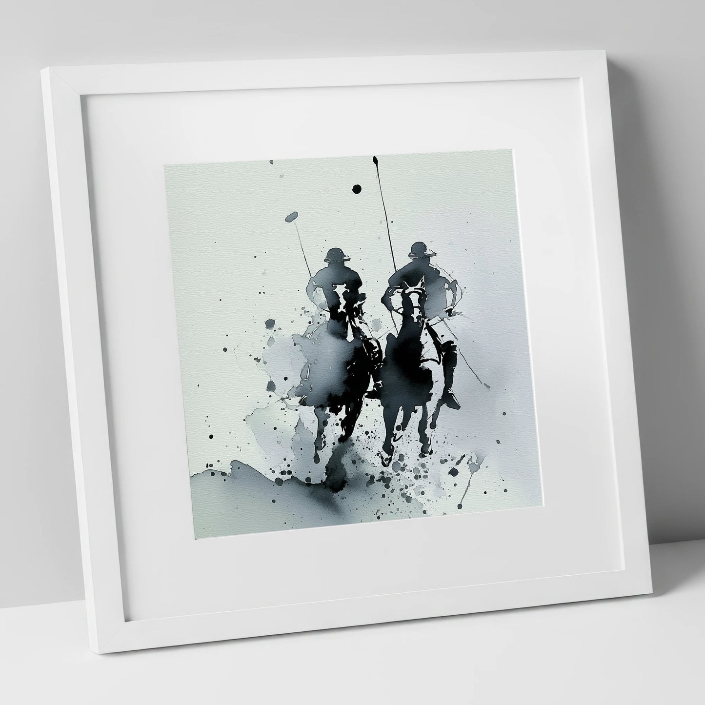 Thundering Polo Pursuit polo horse art print in white frame